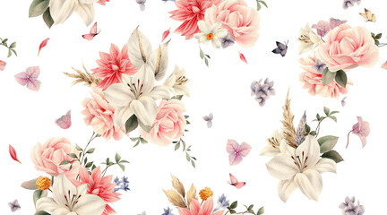 Seamless floral pattern with flowers on summer background, watercolor illustration. Template design for textiles, interior, clothes, wallpaper