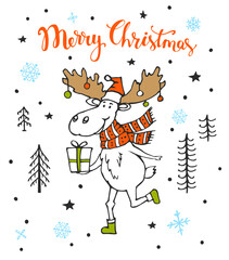 merry christmas cute greeting card with funny moose deer running with gift box in the forest, snowflake , pine trees , snow texture