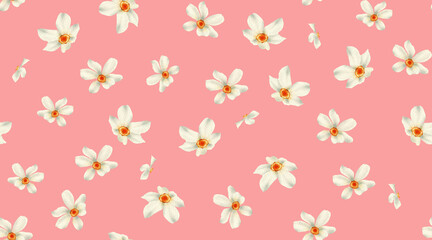 Seamless floral pattern with jonquil flowers on summer background, watercolor illustration. Template design for textiles, interior, clothes, wallpaper