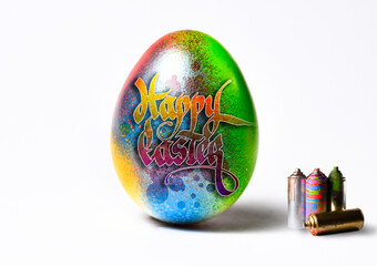 Easter egg painted in graffiti style, inscription, happy easter. Background white.