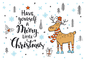 have yourself a merry little christmas handwritten merry christmas xmas quote on a background with cute deer in the forest