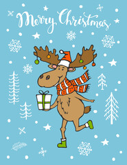 merry christmas cute greeting card with funny moose deer running with gift box in the forest, snowflake , pine trees , snow texture
