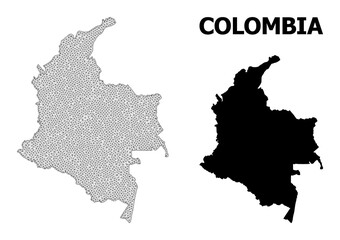 Polygonal mesh map of Colombia in high detail resolution. Mesh lines, triangles and points form map of Colombia.