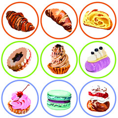 Set of stickers with various desserts. Cakes, cookies, croissants, macaron
