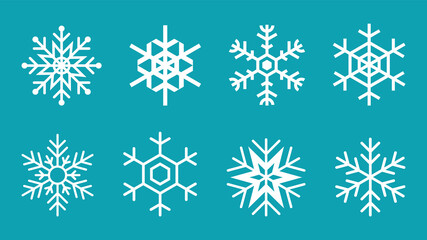 Fototapeta na wymiar White snowflake set on blue background. Collection of 8 snowflakes. Cute winter scenery graphic element. Christmas and New Year decoration. Frozen and cold symbol. Vector illustration, flat, clip art