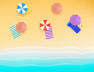 Beautiful beach with color umbrellas and towels. Top view illustration