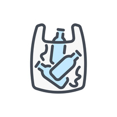 Plastic bag filled with plastic bottles color line icon. Shopping bag with trash vector outline colorful sign.