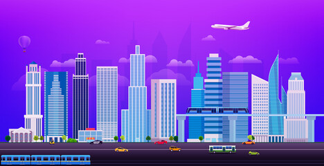 Evening cityscape with different city transport