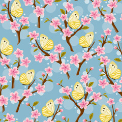 Seamless background with sakura flowers and cabbage butterflies. Vector illustration.