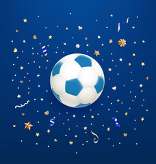 Fototapeta premium Soccer ball on blue background with confetti