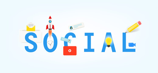 Social media concept vector illustration with different 3d style icons