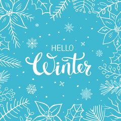 hello winter hand drawn floral branches twigs and poinsettia christmas traditional flowers frame background © VecTerrain