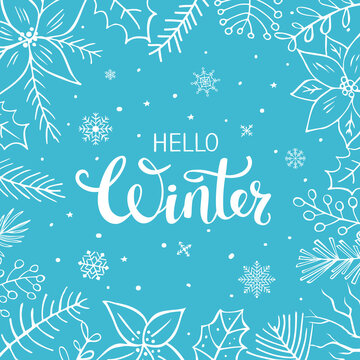 hello winter hand drawn floral branches twigs and poinsettia christmas traditional flowers frame background
