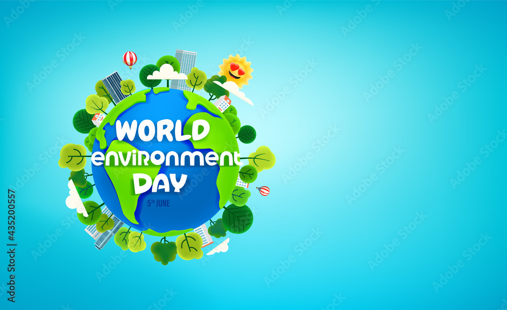 Aufkleber world environment day banner with trees on the earth. cartoon style 3d horizontal banner with cope s