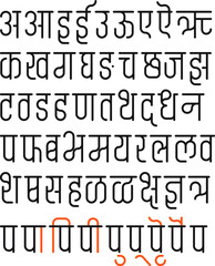 Handmade Devanagari thin font for Indian languages Hindi, Sanskrit, and Marathi, alphabets.
