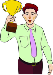 Celebrating businessman holding winner cup trophy. Business achievement concept. Flat style vector illustration isolated on white background.