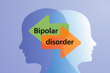 A metaphor for mental bipolar disorder. Two-faced. Split personality. The concept of mood disorder. The concept of dual personality. 2 The silhouette of a head and two arrows pointing in opposite dire
