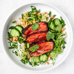 Slow-roasted glazed pork belly, frisee, pickled cucumber, cilantro, spring onion and peanuts