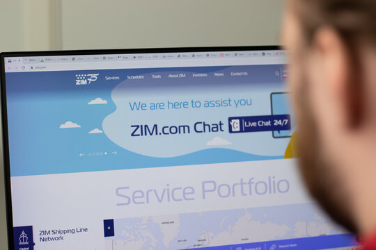 New York, USA - 1 May 2021: ZIM company website with logo on screen, Illustrative Editorial.