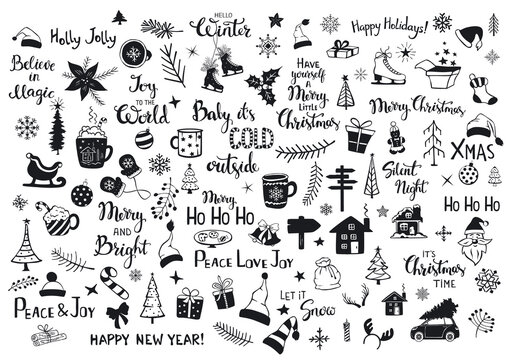 collection of christmas new years decoration items silhouettes and outlined doodles, xmas trees, santa hats, gift box, snowflakes, twigs, branches, house, car, mug, skates and hand lettered quotes