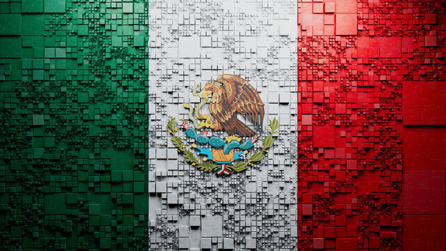 Flag of Mexico rendered in a Futuristic 3D style. Mexican Innovation Concept. Tech Background.