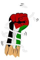 Simple Vector Sketch Punching or Fisting Hand with Broken Rope and barbed wire, Palestine Flag