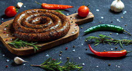 Spiral grilled sausage with rosemary, salt and peper