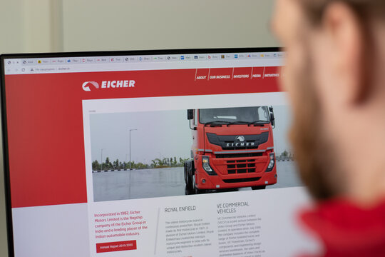 New York, USA - 1 May 2021: Eicher Motors company website with logo on screen, Illustrative Editorial.