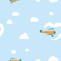 Naklejka na ściany i meble Seamless blue sky pattern with airplane and cloudy heart. Childish wrapping paper.