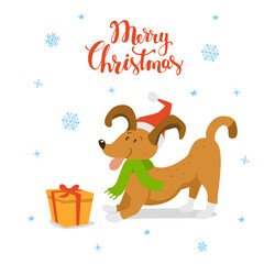 merry christmas happy new year  cute funny cartoon dog with xmas gift box