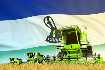 industrial 3D illustration of green wheat agricultural combine harvester on field with Lesotho flag background, food industry concept