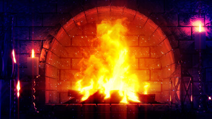 magic masonry fireplace fire glowing - conceptual object 3D rendering
