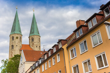 Obraz premium Church towers and colorful houses in Braunschweig, Germany