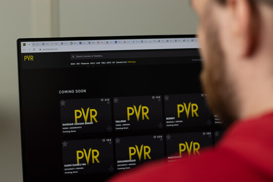 New York, USA - 1 May 2021: PVR Cinemas company website with logo on screen, Illustrative Editorial.