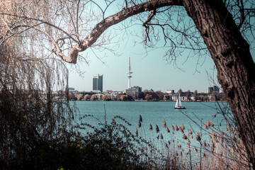 tranquil view on the alster with boat
