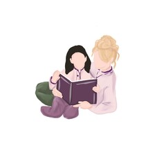 Mother blonde  and daughter reading Book . Happy Mothers Day concept with mom and girl. Cartoon style illustration. Preparing for sleep and mom care