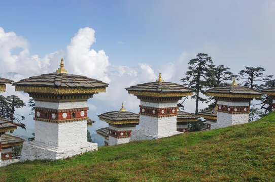 Landscape view of memorial chortens on sky background at Dochula pass in the Bhutan Himalaya