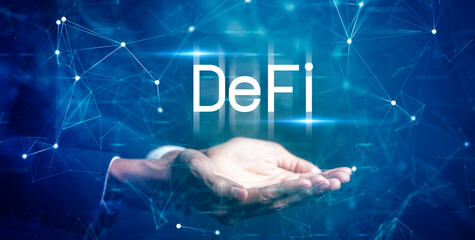 Business finance investment DeFi decentralize blockchain concept, businessman investor hand...