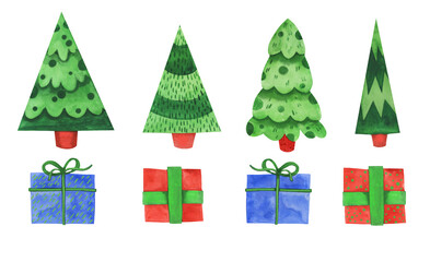 Cute evergreen pine trees hand drawn in watercolor. Set for Christmas and New Year card, present, wrap decoration design. Gift boxes with ribbon bows.