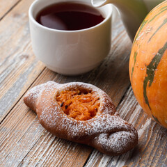Country style pasty, autumn seasonal pumpkin pie close up, top appetizing view