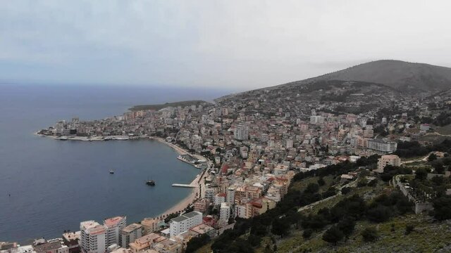 Aerial seascape panorama of Saranda, Albania. 