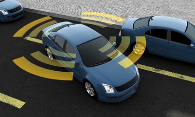 Autonomous cars on a road with visible connection - 435205353