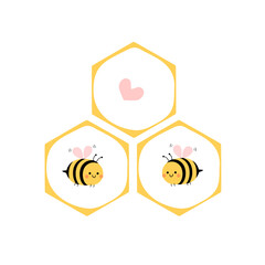Cute bee cartoons and honeycomb icons isolated on white background vector illustration.