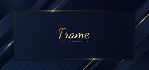 Abstract template blue frame stripes golden lines diagonal overlap background. Luxury style.