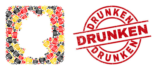 Germany geographic map collage in Germany flag official colors - red, yellow, black, and rubber Drunken red round stamp imitation. Drunken stamp uses vector lines and arcs.
