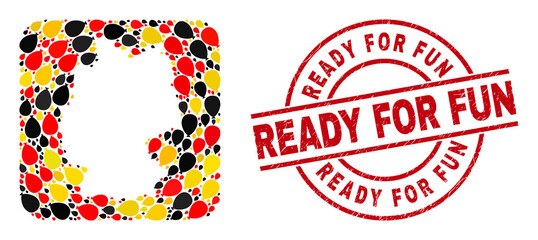Germany geographic map mosaic in German flag official colors - red, yellow, black, and dirty Ready for Fun red round stamp. Ready for Fun stamp uses vector lines and arcs.