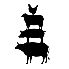 cow, pig, sheep, rooster stand on each other. farm animal. flat style.
