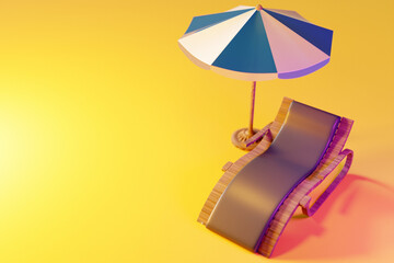 3d illustration of a beach chair  under a striped parasol, on an beach. Summer vacation concept by the beach. Summer minimalistic background