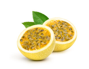 Yellow  passion fruit cut in half  isolated on white background. Clipping path..