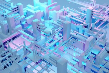 Obraz premium 3d illustration of a pattern in the geometric form . Abstract Graphics in the style of computer games. Close up of the pink and blue cyber armor on neon lights